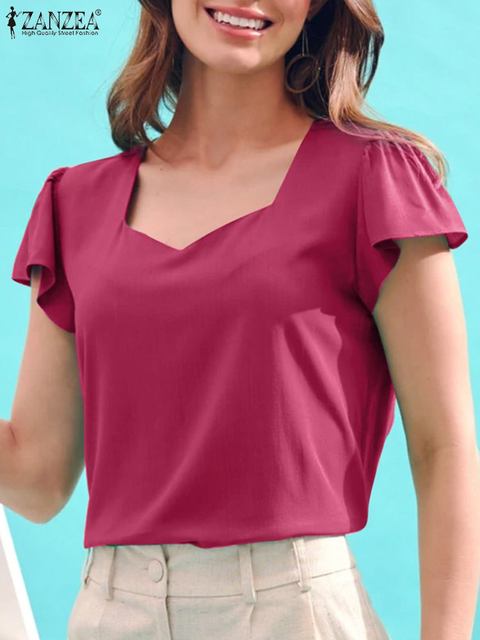 ZANZEA-Blusa de manga curta feminina, camisas e blusas elegantes, blusa  túnica casual, cor sólida, todos os jogos, trabalho, moda feminina -  AliExpress